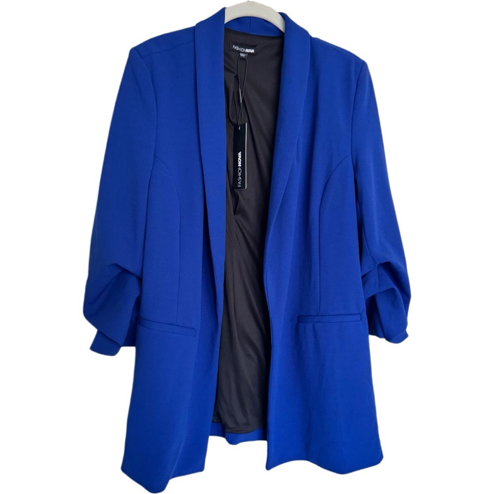 Fashion Nova Celine Blazer Size L Royal Blue Open Front Ruched Sleeve Jacket NEW